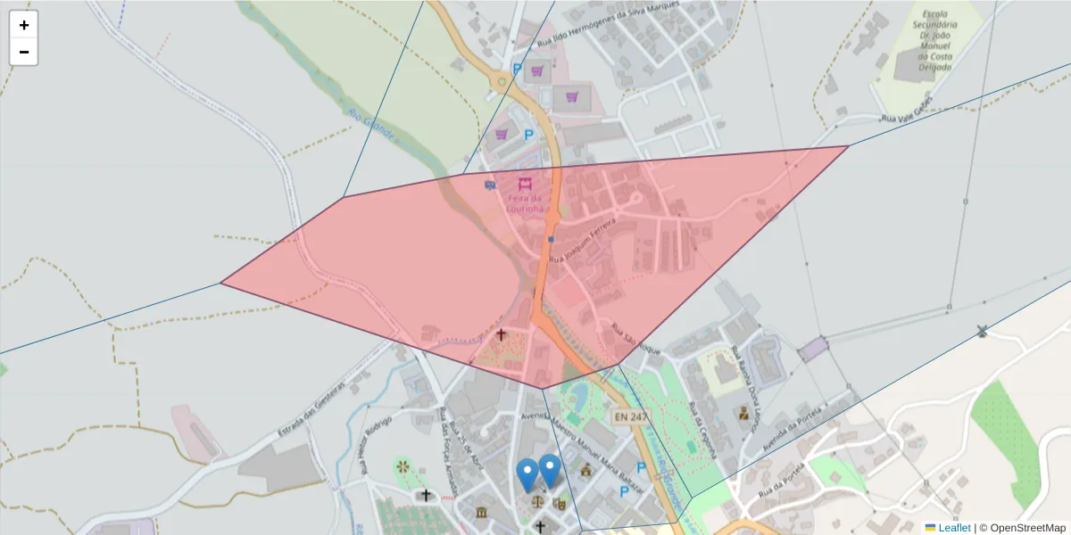 Mapa detalhado do código postal 2530-921 com limites, códigos postais vizinhos e agências dos correios