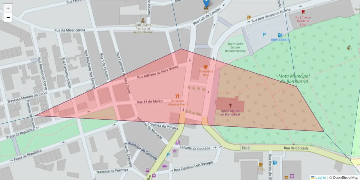Mapa detalhado do código postal 2540-052 com limites, códigos postais vizinhos e agências dos correios