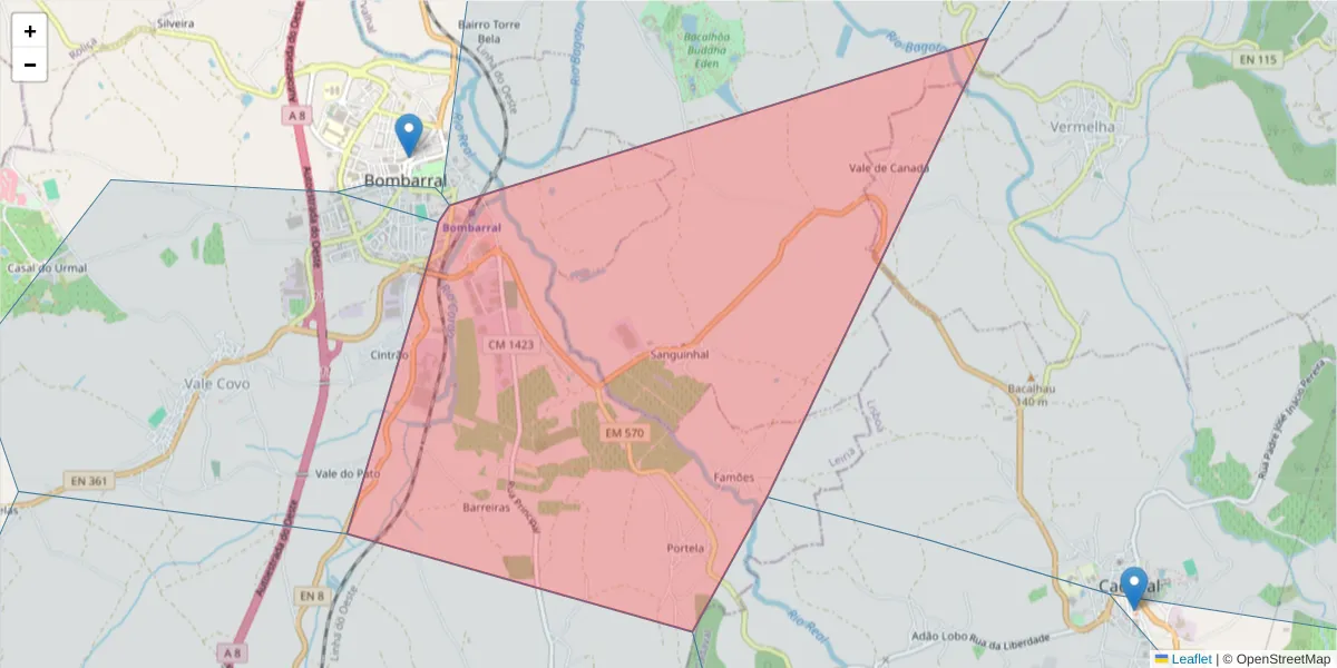 Mapa detalhado do código postal 2540-095 com limites, códigos postais vizinhos e agências dos correios