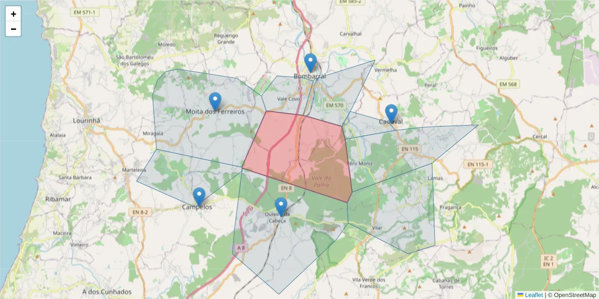 Mapa detalhado do código postal 2540-163 com limites, códigos postais vizinhos e agências dos correios