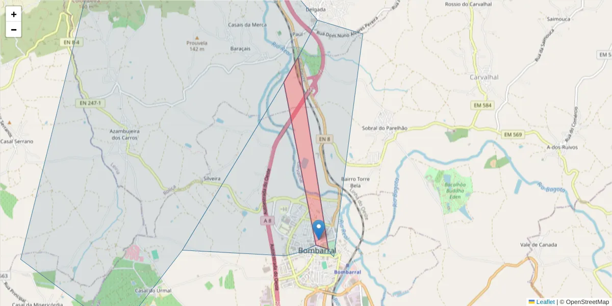 Mapa detalhado do código postal 2540-999 com limites, códigos postais vizinhos e agências dos correios