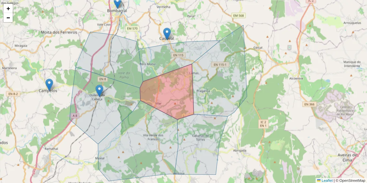 Mapa detalhado do código postal 2550-077 com limites, códigos postais vizinhos e agências dos correios