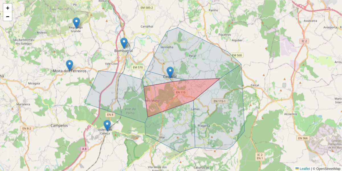 Mapa detalhado do código postal 2550-132 com limites, códigos postais vizinhos e agências dos correios