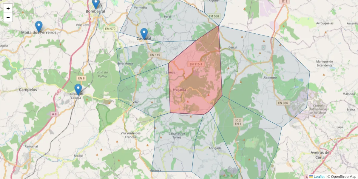 Mapa detalhado do código postal 2550-371 com limites, códigos postais vizinhos e agências dos correios