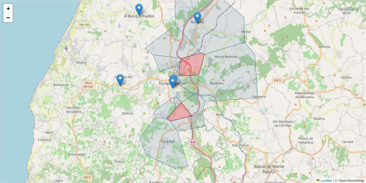 Mapa detalhado do código postal 2560-000 com limites, códigos postais vizinhos e agências dos correios