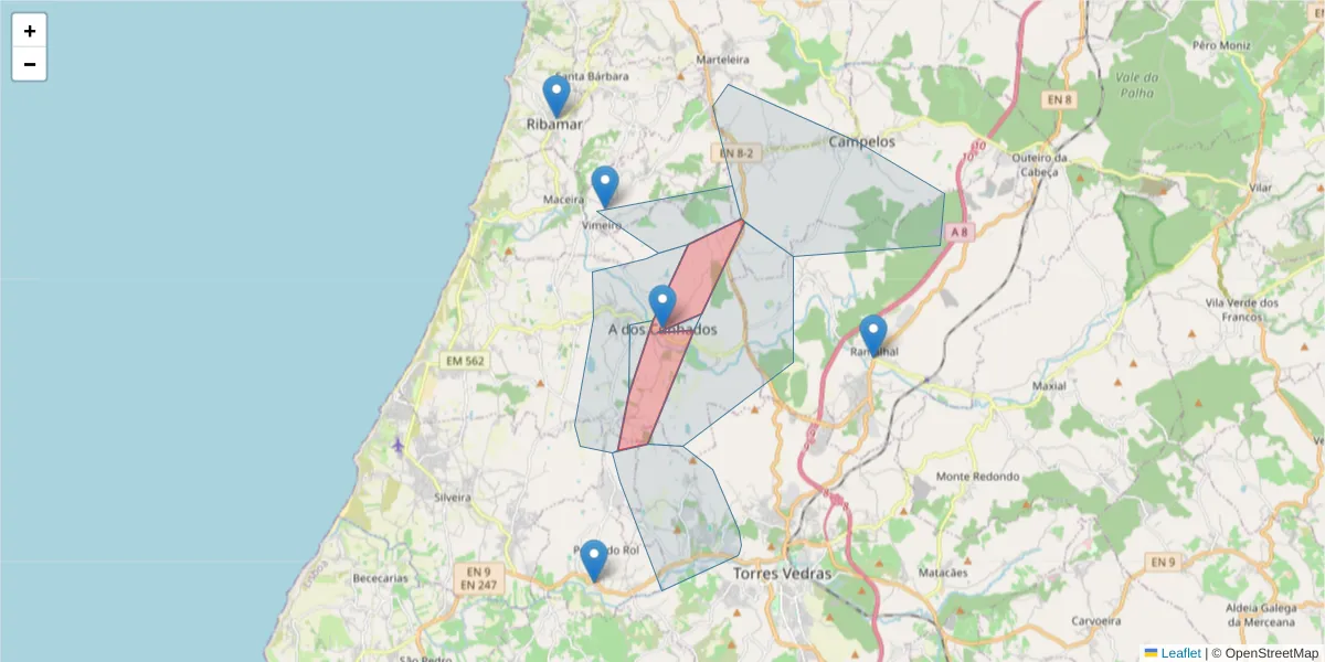 Mapa detalhado do código postal 2560-003 com limites, códigos postais vizinhos e agências dos correios