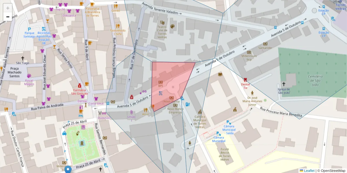 Mapa detalhado do código postal 2560-013 com limites, códigos postais vizinhos e agências dos correios