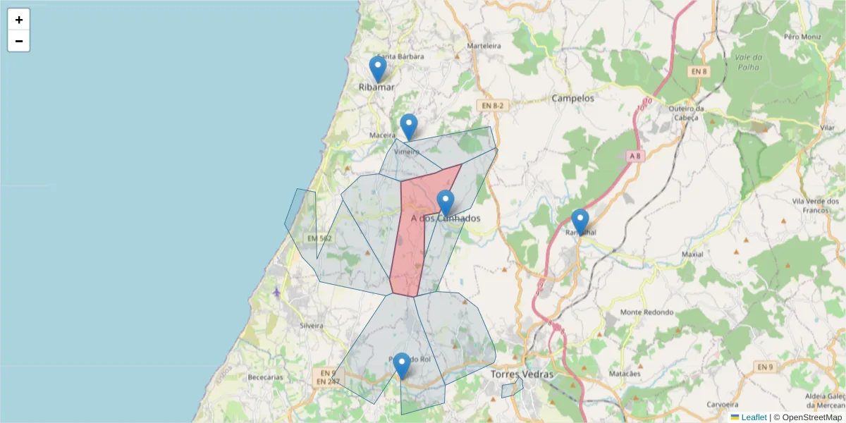 Mapa detalhado do código postal 2560-048 com limites, códigos postais vizinhos e agências dos correios