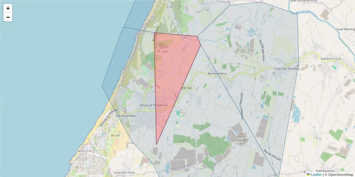 Mapa detalhado do código postal 2560-086 MACEIRA TVD com limites, códigos postais vizinhos e agências dos correios