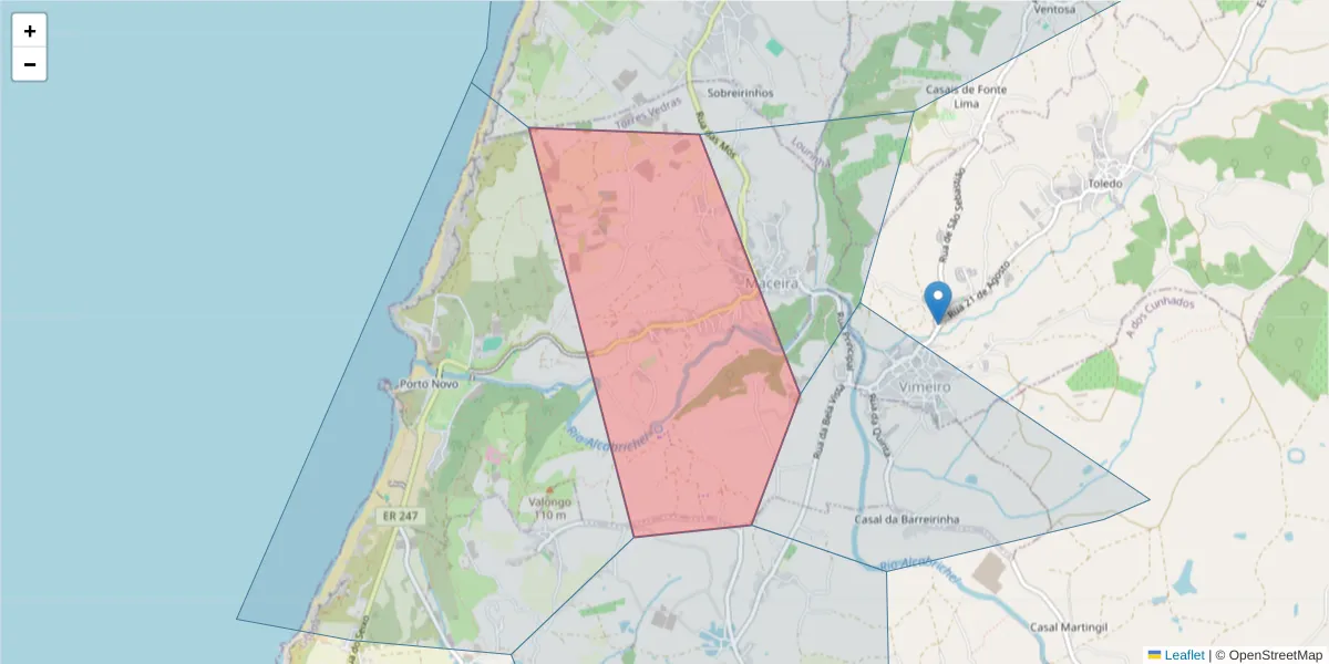 Mapa detalhado do código postal 2560-087 com limites, códigos postais vizinhos e agências dos correios