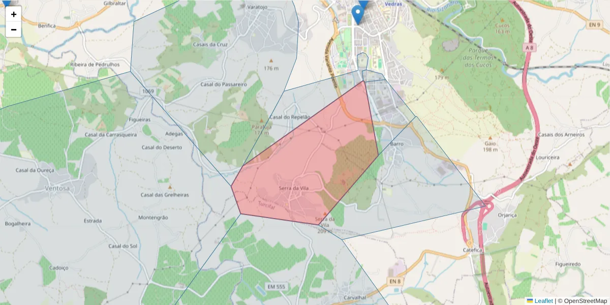 Mapa detalhado do código postal 2560-309 com limites, códigos postais vizinhos e agências dos correios