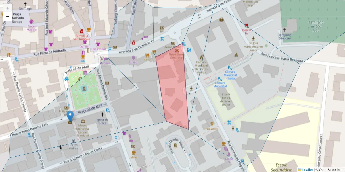 Mapa detalhado do código postal 2560-340 com limites, códigos postais vizinhos e agências dos correios