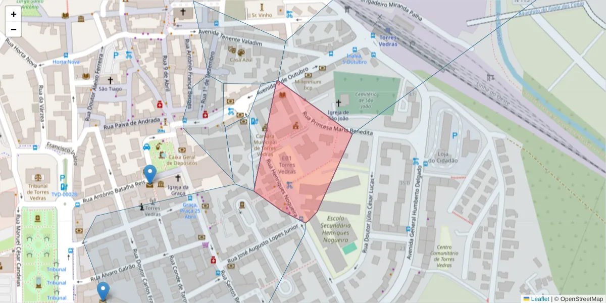 Mapa detalhado do código postal 2560-341 com limites, códigos postais vizinhos e agências dos correios