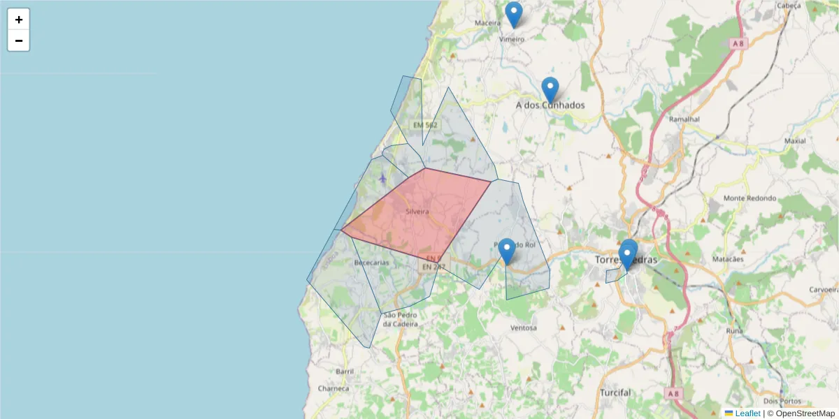Mapa detalhado do código postal 2560-521 com limites, códigos postais vizinhos e agências dos correios