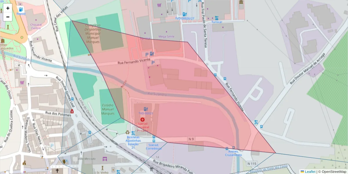 Mapa detalhado do código postal 2560-677 com limites, códigos postais vizinhos e agências dos correios
