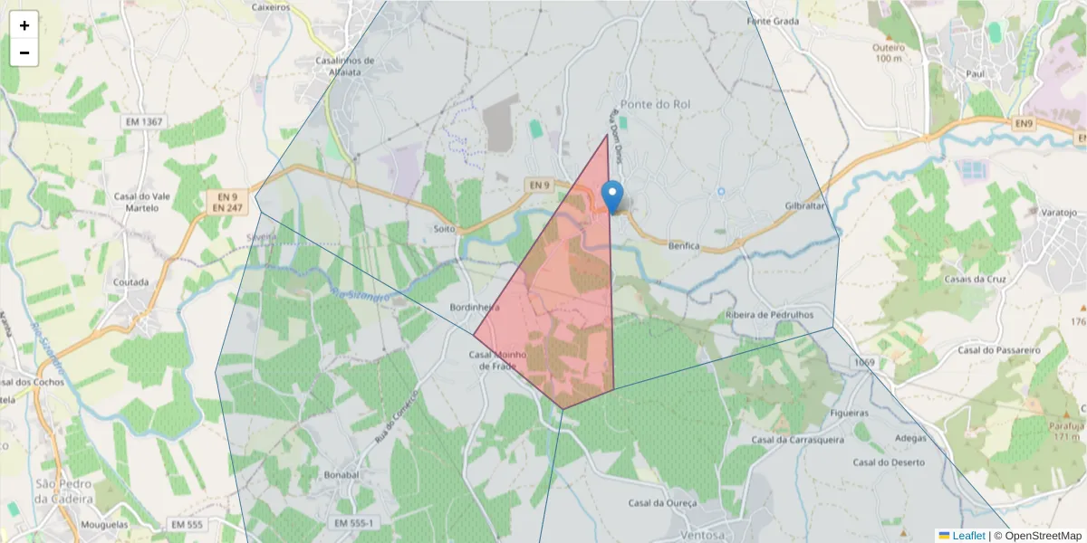 Mapa detalhado do código postal 2560-712 Ponte do Rol com limites, códigos postais vizinhos e agências dos correios