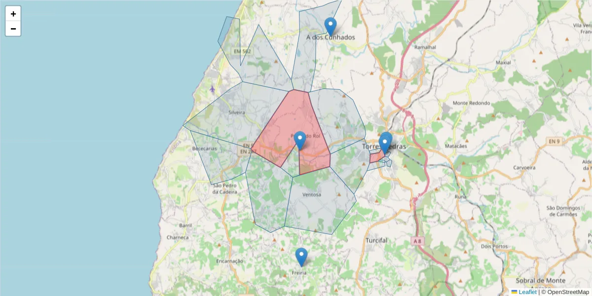 Mapa detalhado do código postal 2560 com limites, códigos postais vizinhos e agências dos correios