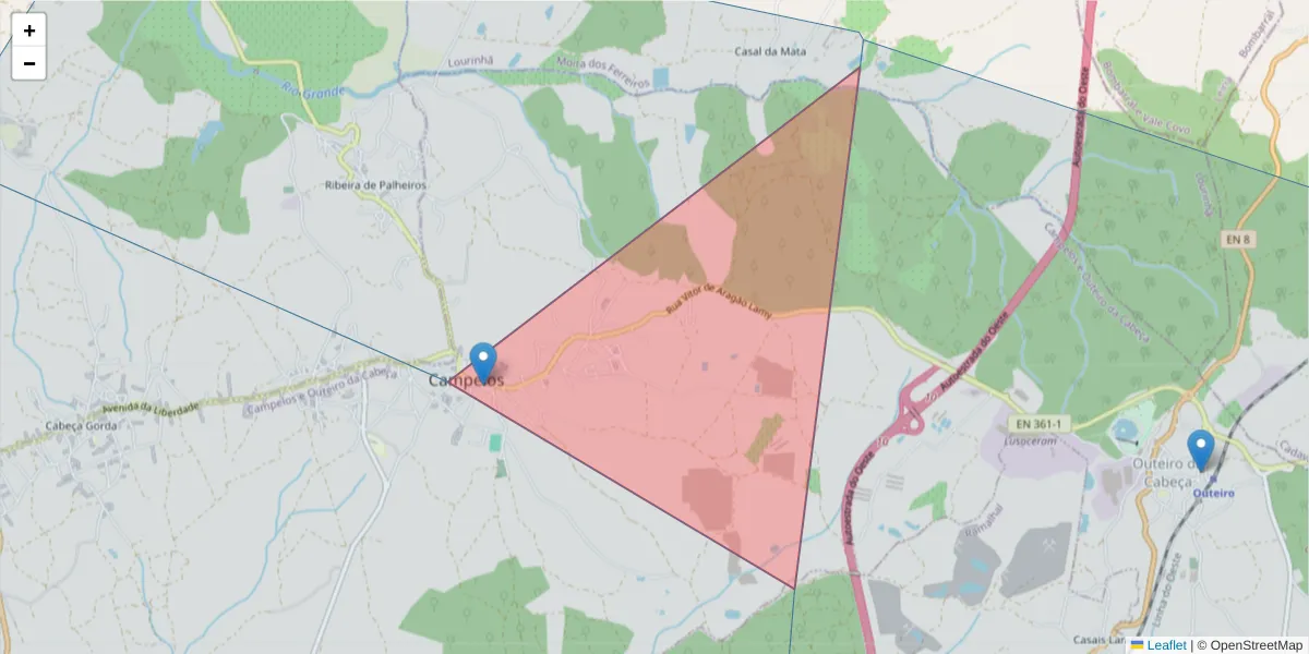 Mapa detalhado do código postal 2565-008 com limites, códigos postais vizinhos e agências dos correios