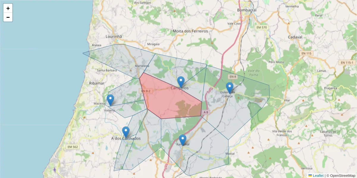 Mapa detalhado do código postal 2565-075 com limites, códigos postais vizinhos e agências dos correios