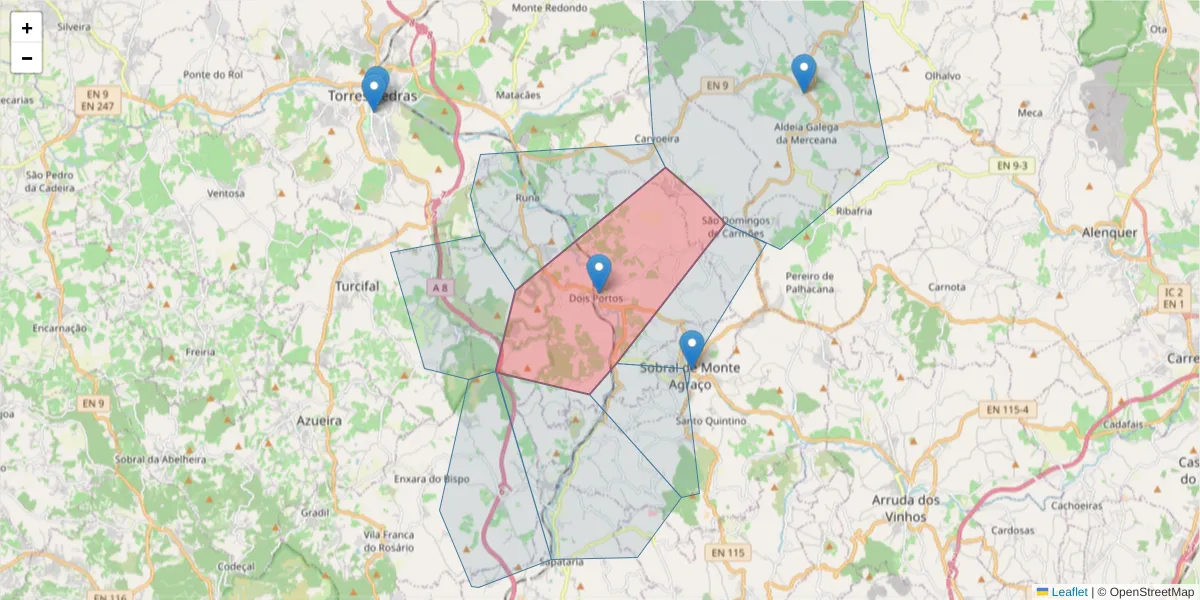 Mapa detalhado do código postal 2565-206 com limites, códigos postais vizinhos e agências dos correios