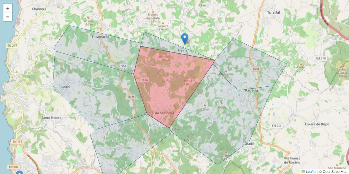 Mapa detalhado do código postal 2565-306 com limites, códigos postais vizinhos e agências dos correios