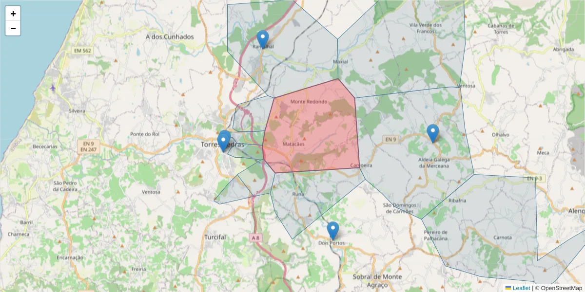 Mapa detalhado do código postal 2565-385 Matacães com limites, códigos postais vizinhos e agências dos correios