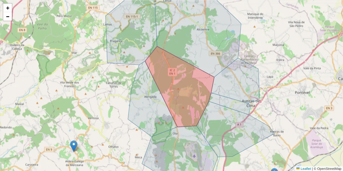 Mapa detalhado do código postal 2580-067 com limites, códigos postais vizinhos e agências dos correios