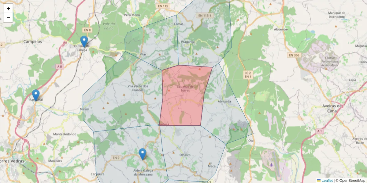 Mapa detalhado do código postal 2580-121 com limites, códigos postais vizinhos e agências dos correios