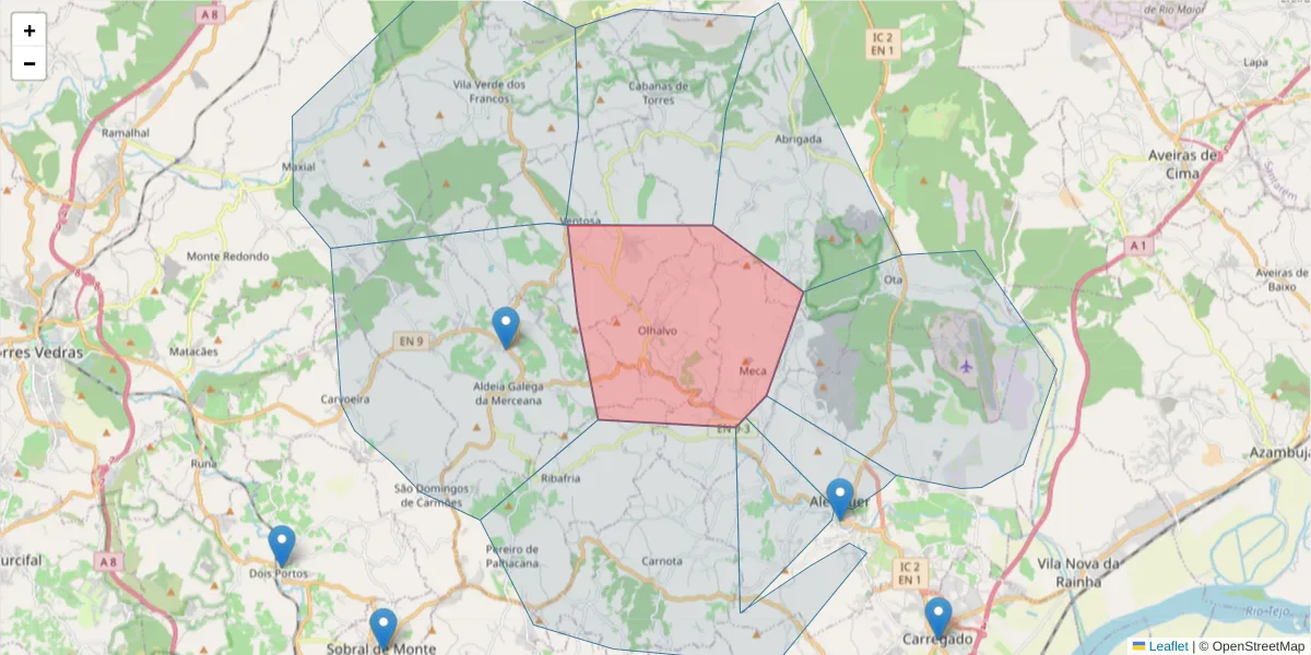 Mapa detalhado do código postal 2580-219 com limites, códigos postais vizinhos e agências dos correios