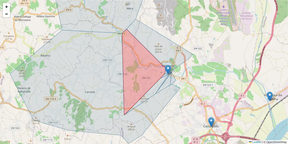 Mapa detalhado do código postal 2580-304 com limites, códigos postais vizinhos e agências dos correios