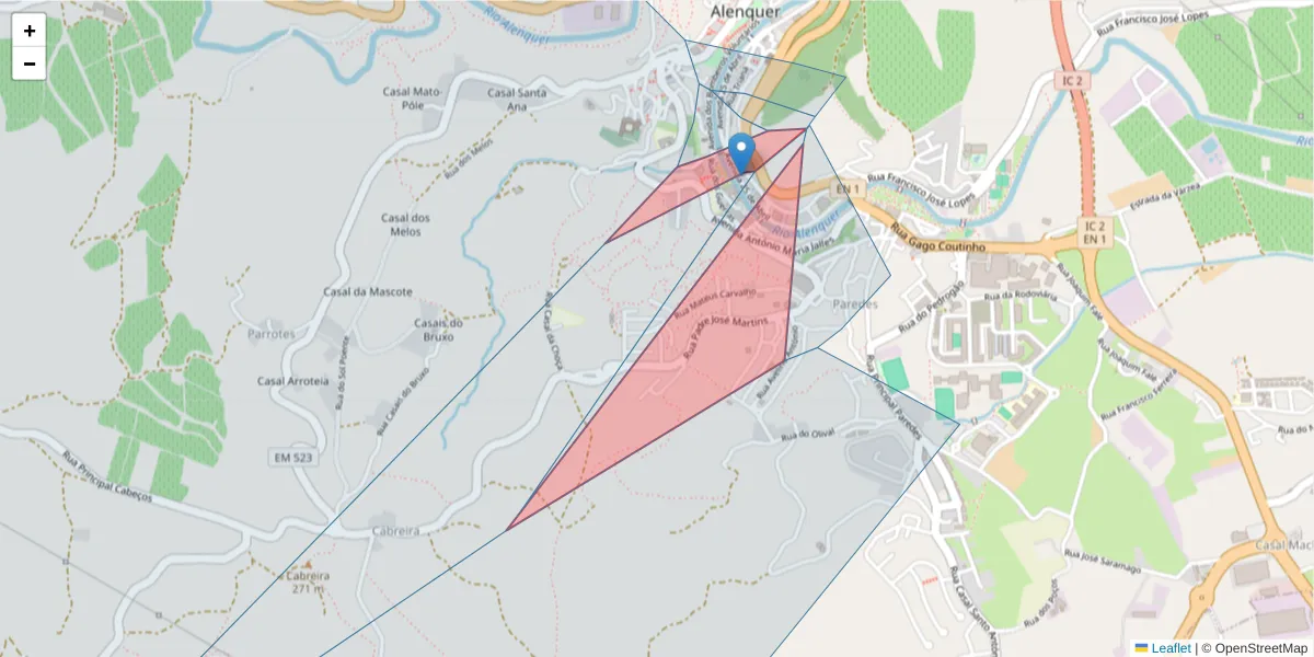 Mapa detalhado do código postal 2580-371 com limites, códigos postais vizinhos e agências dos correios