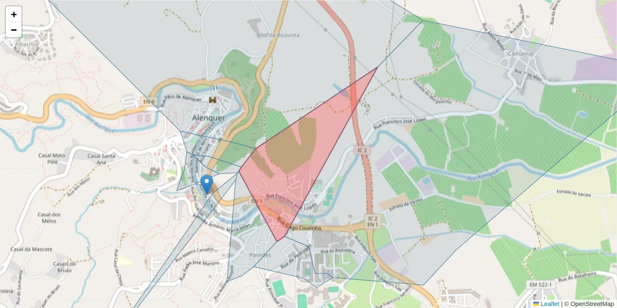 Mapa detalhado do código postal 2580-393 com limites, códigos postais vizinhos e agências dos correios