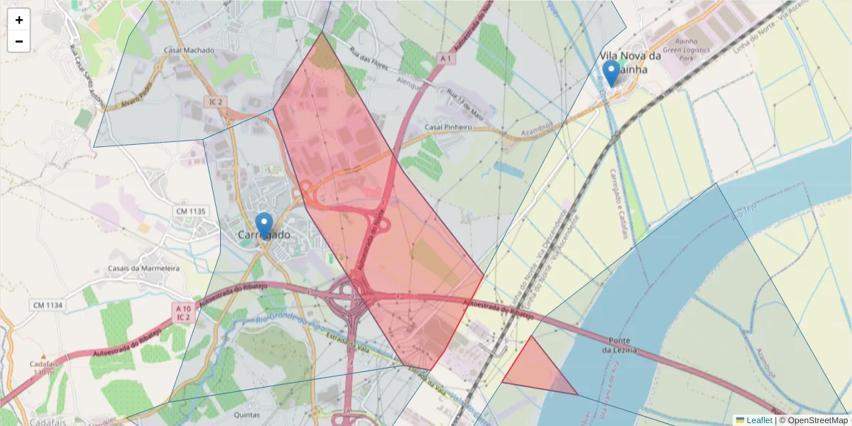 Mapa detalhado do código postal 2580-491 com limites, códigos postais vizinhos e agências dos correios