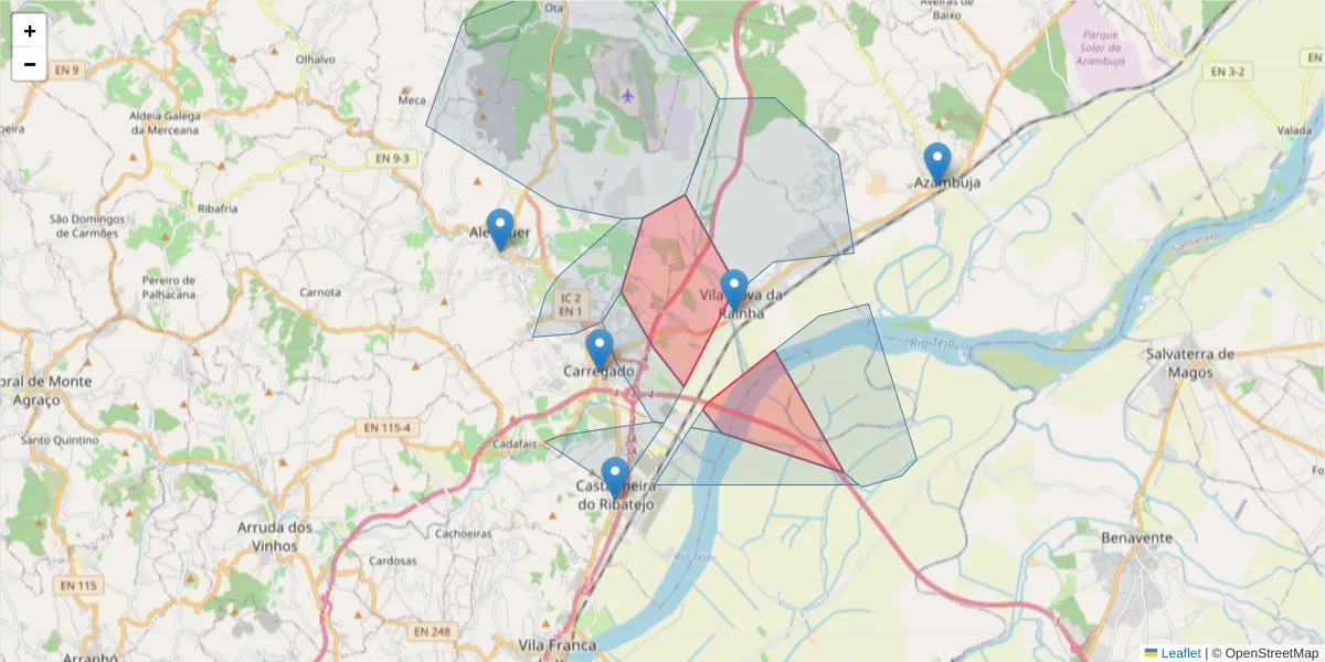 Mapa detalhado do código postal 2580-507 com limites, códigos postais vizinhos e agências dos correios