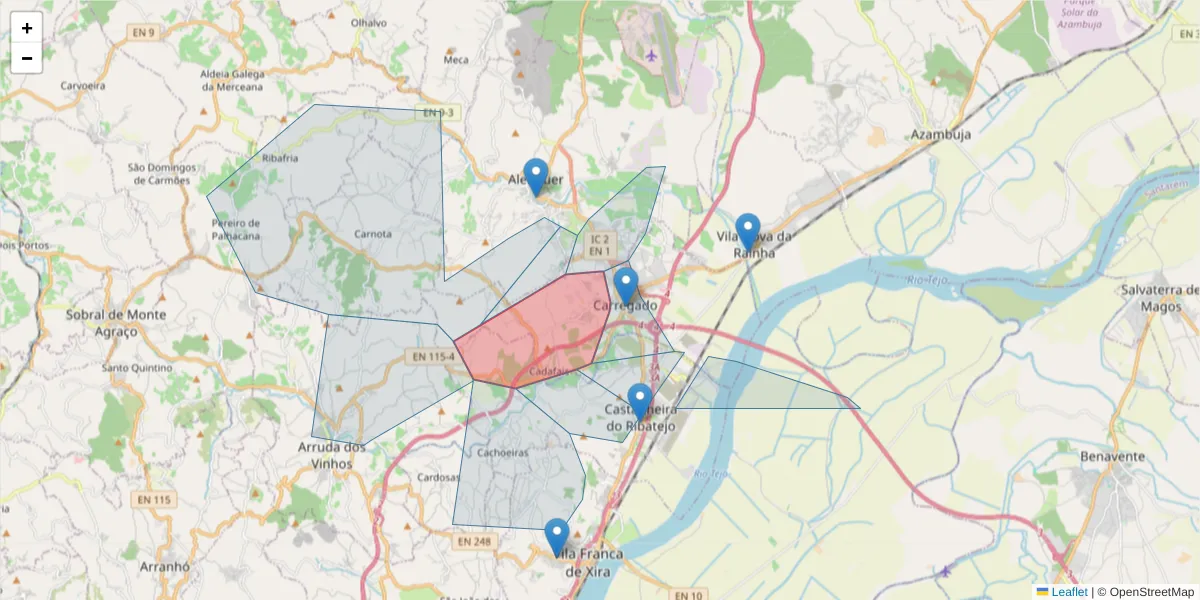 Mapa detalhado do código postal 2580-509 com limites, códigos postais vizinhos e agências dos correios