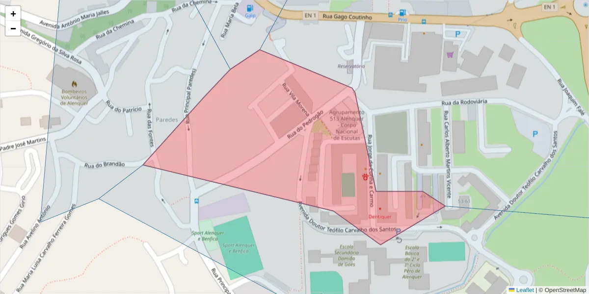 Mapa detalhado do código postal 2580-531 com limites, códigos postais vizinhos e agências dos correios