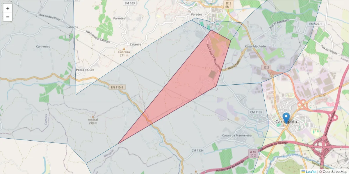 Mapa detalhado do código postal 2580-548 com limites, códigos postais vizinhos e agências dos correios