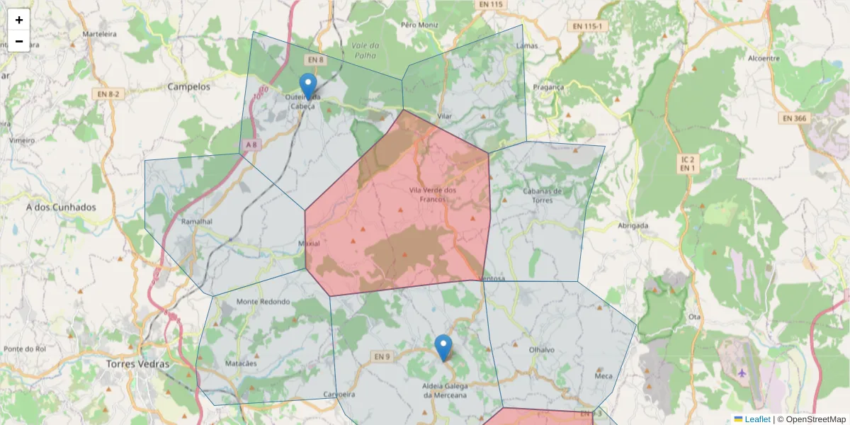Mapa detalhado do código postal 2580 com limites, códigos postais vizinhos e agências dos correios