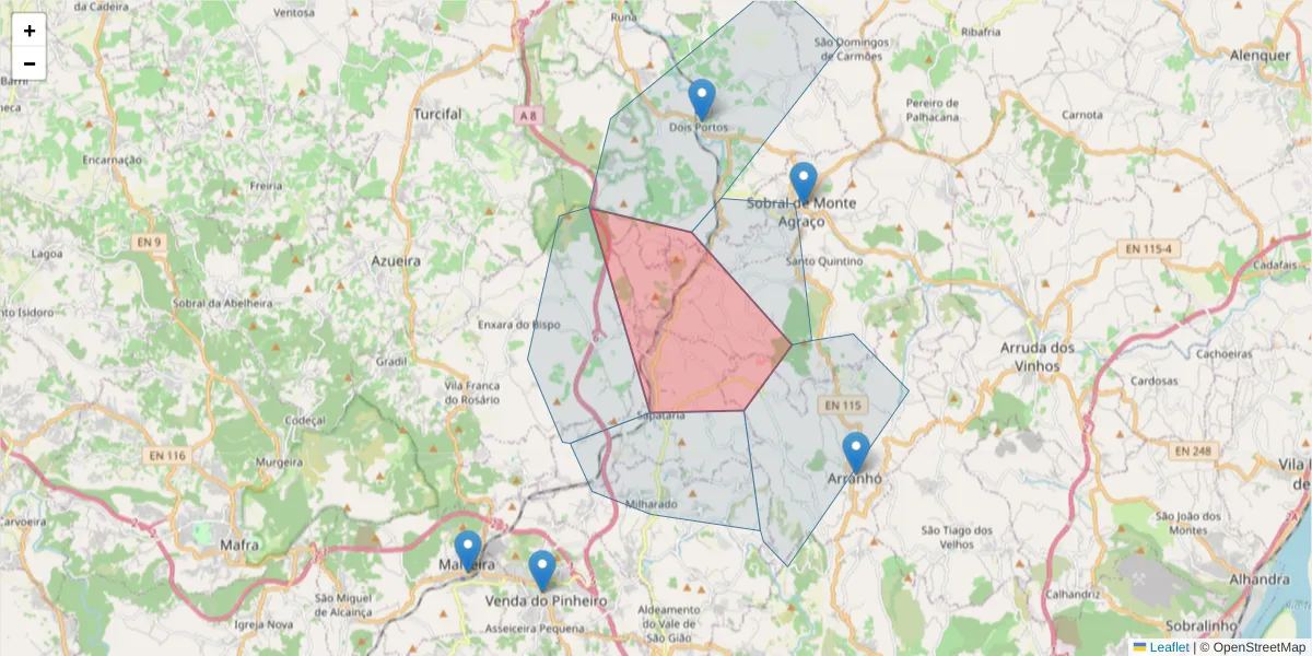 Mapa detalhado do código postal 2590-425 com limites, códigos postais vizinhos e agências dos correios