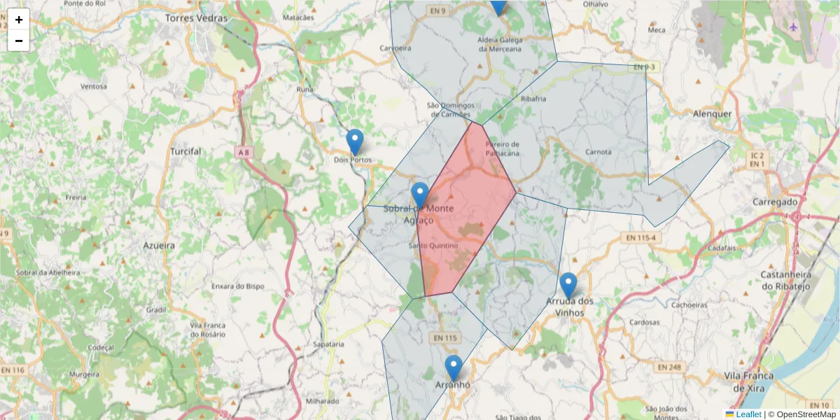Mapa detalhado do código postal 2590-999 com limites, códigos postais vizinhos e agências dos correios