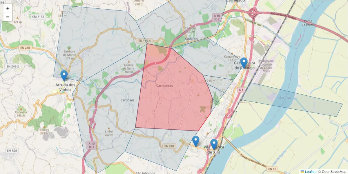 Mapa detalhado do código postal 2600-065 com limites, códigos postais vizinhos e agências dos correios