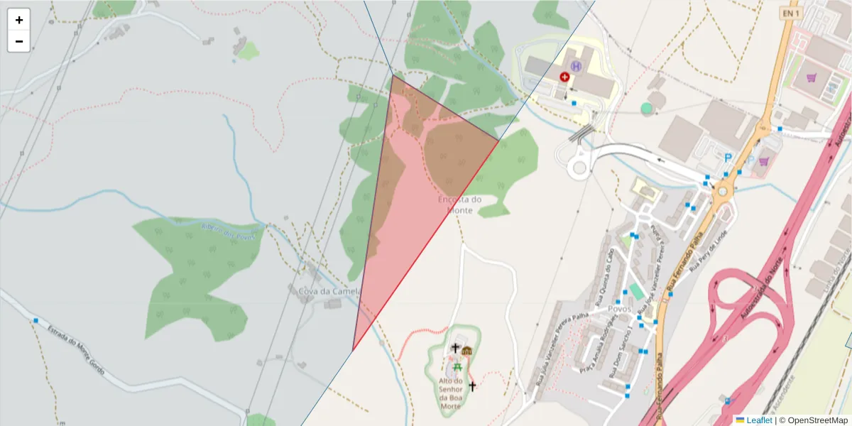 Mapa detalhado do código postal 2600-068 com limites, códigos postais vizinhos e agências dos correios