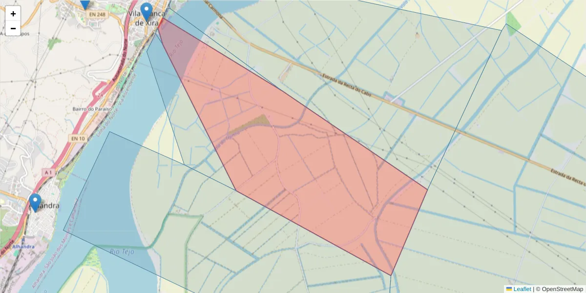 Mapa detalhado do código postal 2600-131 com limites, códigos postais vizinhos e agências dos correios