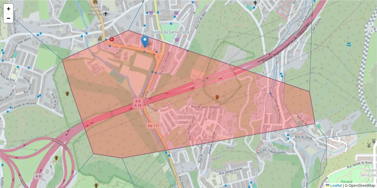 Mapa detalhado do código postal 2605-015 com limites, códigos postais vizinhos e agências dos correios