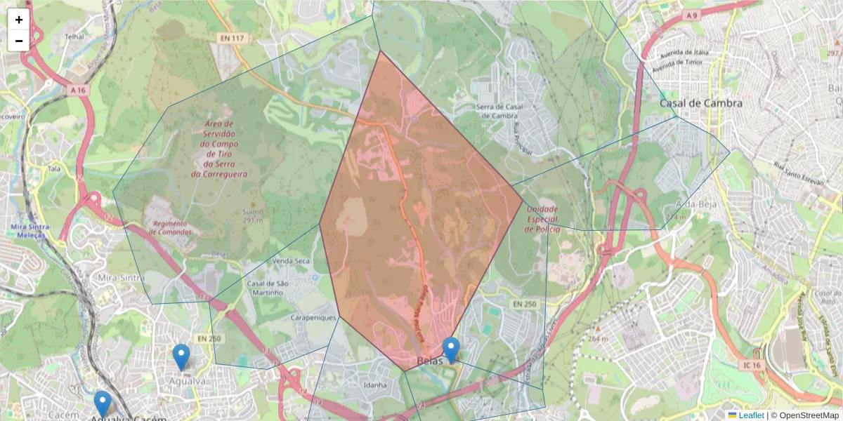 Mapa detalhado do código postal 2605-031 com limites, códigos postais vizinhos e agências dos correios