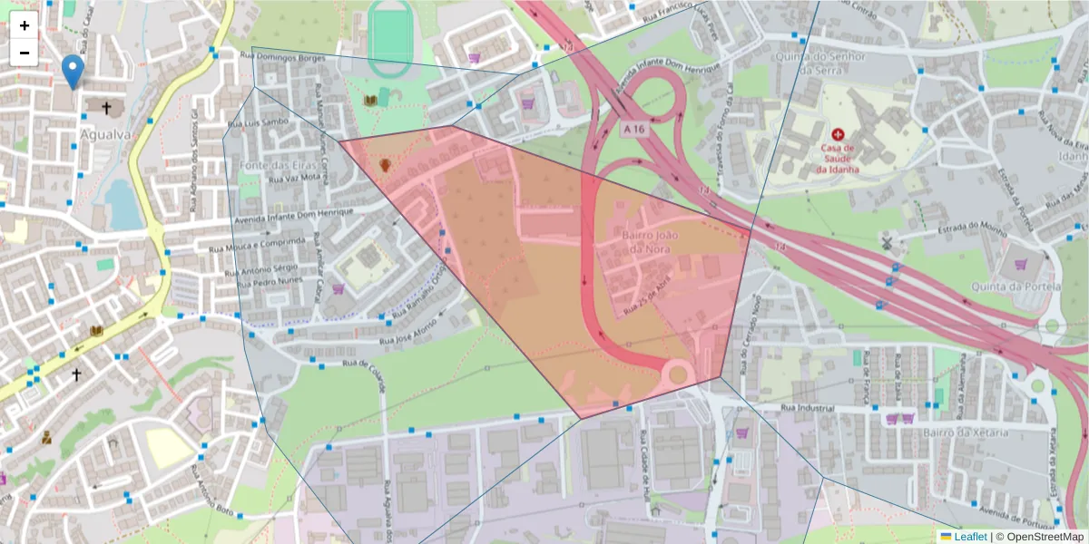Mapa detalhado do código postal 2605-263 com limites, códigos postais vizinhos e agências dos correios