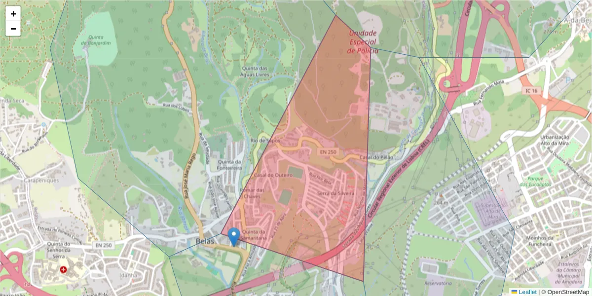 Mapa detalhado do código postal 2605-289 com limites, códigos postais vizinhos e agências dos correios