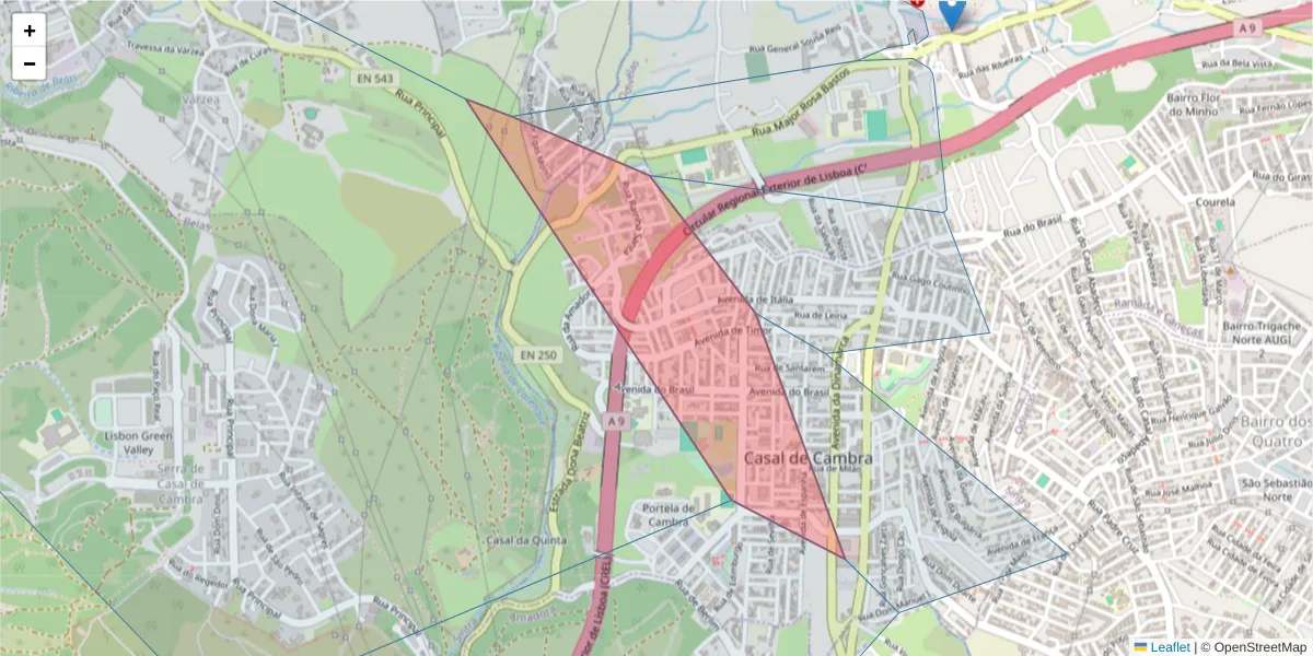 Mapa detalhado do código postal 2605-535 com limites, códigos postais vizinhos e agências dos correios