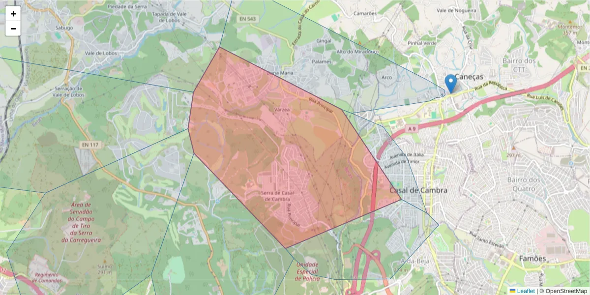 Mapa detalhado do código postal 2605-732 com limites, códigos postais vizinhos e agências dos correios