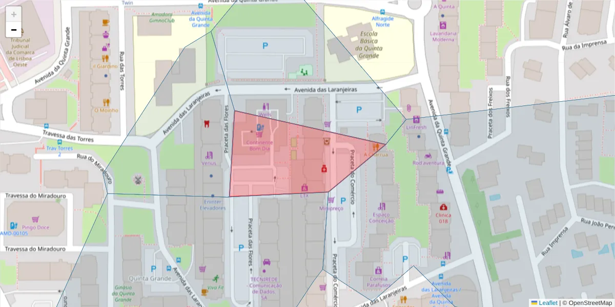 Mapa detalhado do código postal 2610-001 com limites, códigos postais vizinhos e agências dos correios